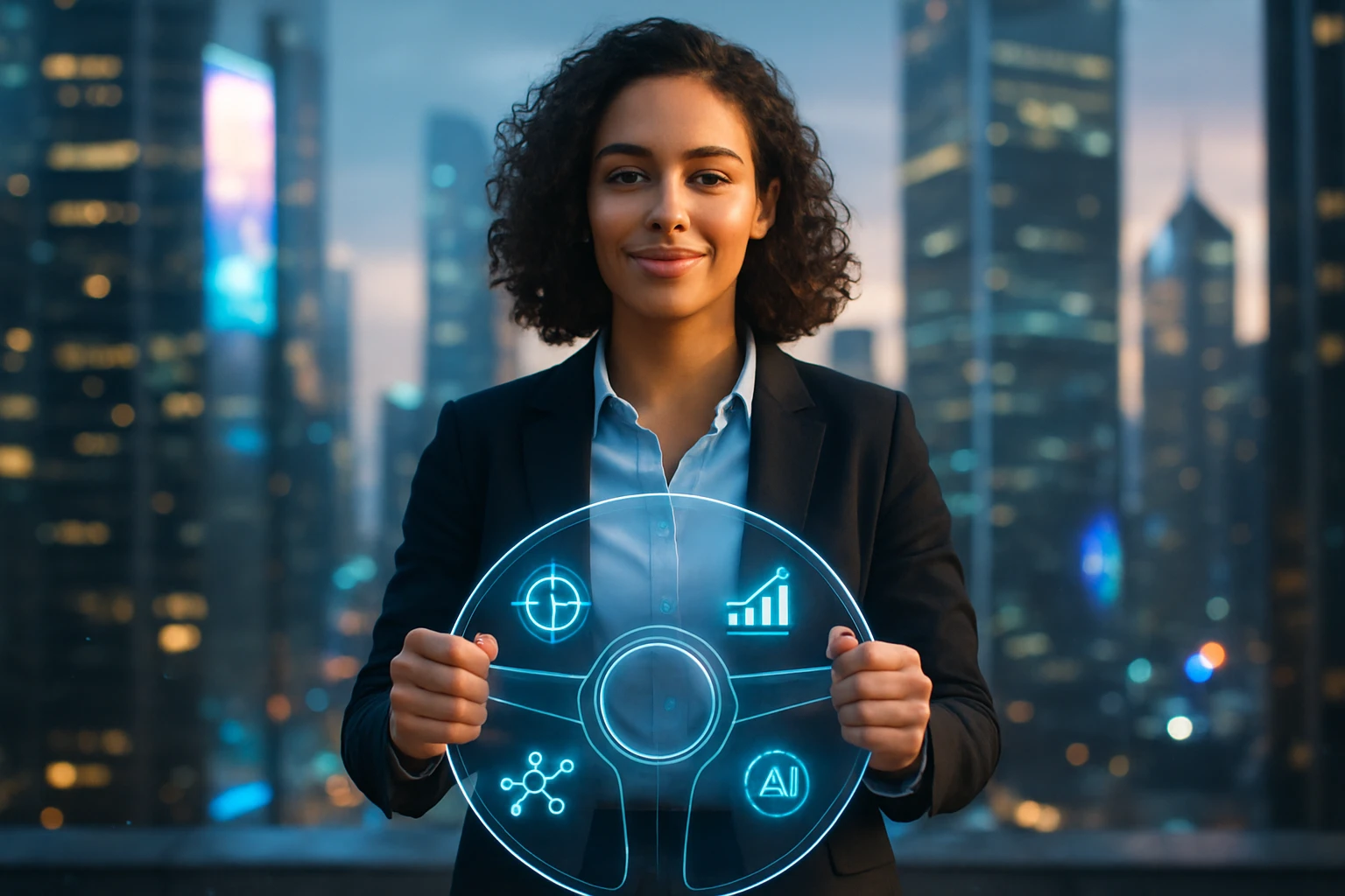 Egy fiatal nő üzleti öltözetben, digitális irányítópultot tart a kezében, háttérben városi táj.