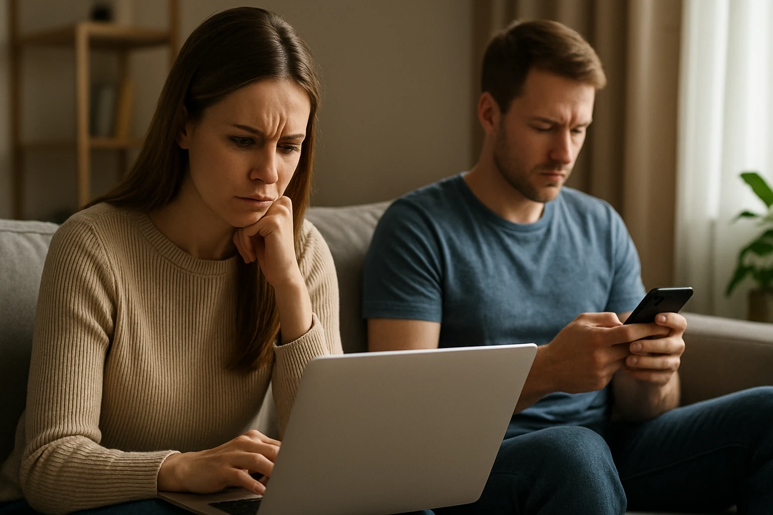 Egy nő koncentrálva dolgozik a laptopján, míg egy férfi a telefonját nézi.