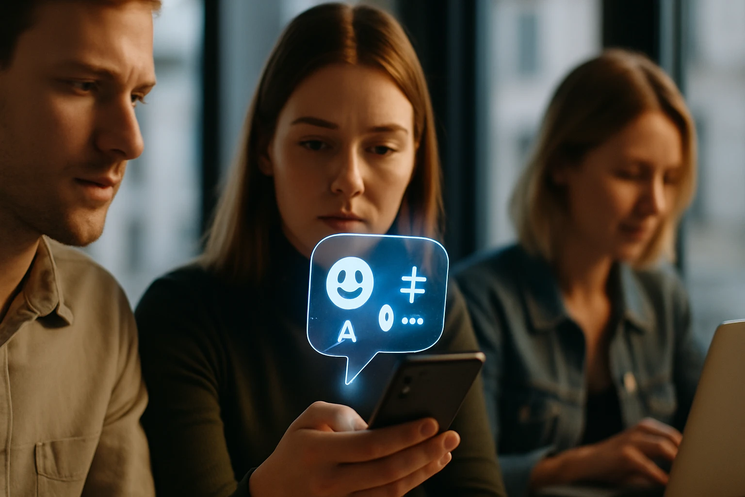 Két fiatal felnőtt figyelmesen nézi a telefonjukat, digitális üzenetekkel.