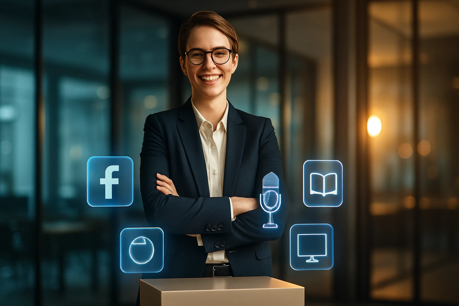 Egy fiatal nő mosolyogva áll egy modern irodában, karba tett kézzel, holografikus ikonokkal körülvéve.