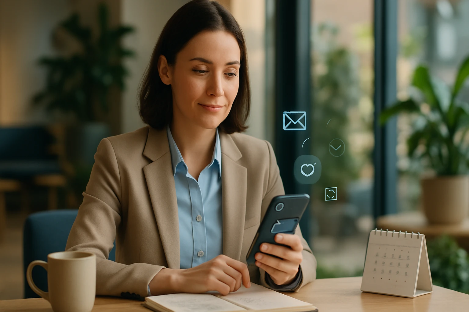 Egy fiatal nő ül egy asztalnál, okostelefonját nézi, mellette kávé és naptár található.