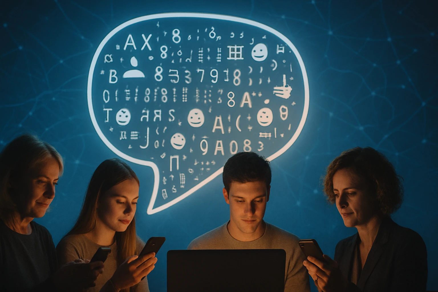 Négy ember, akik okostelefonokat használnak, egy számítógép előtt ülve, háttérben digitális szimbólumokkal.