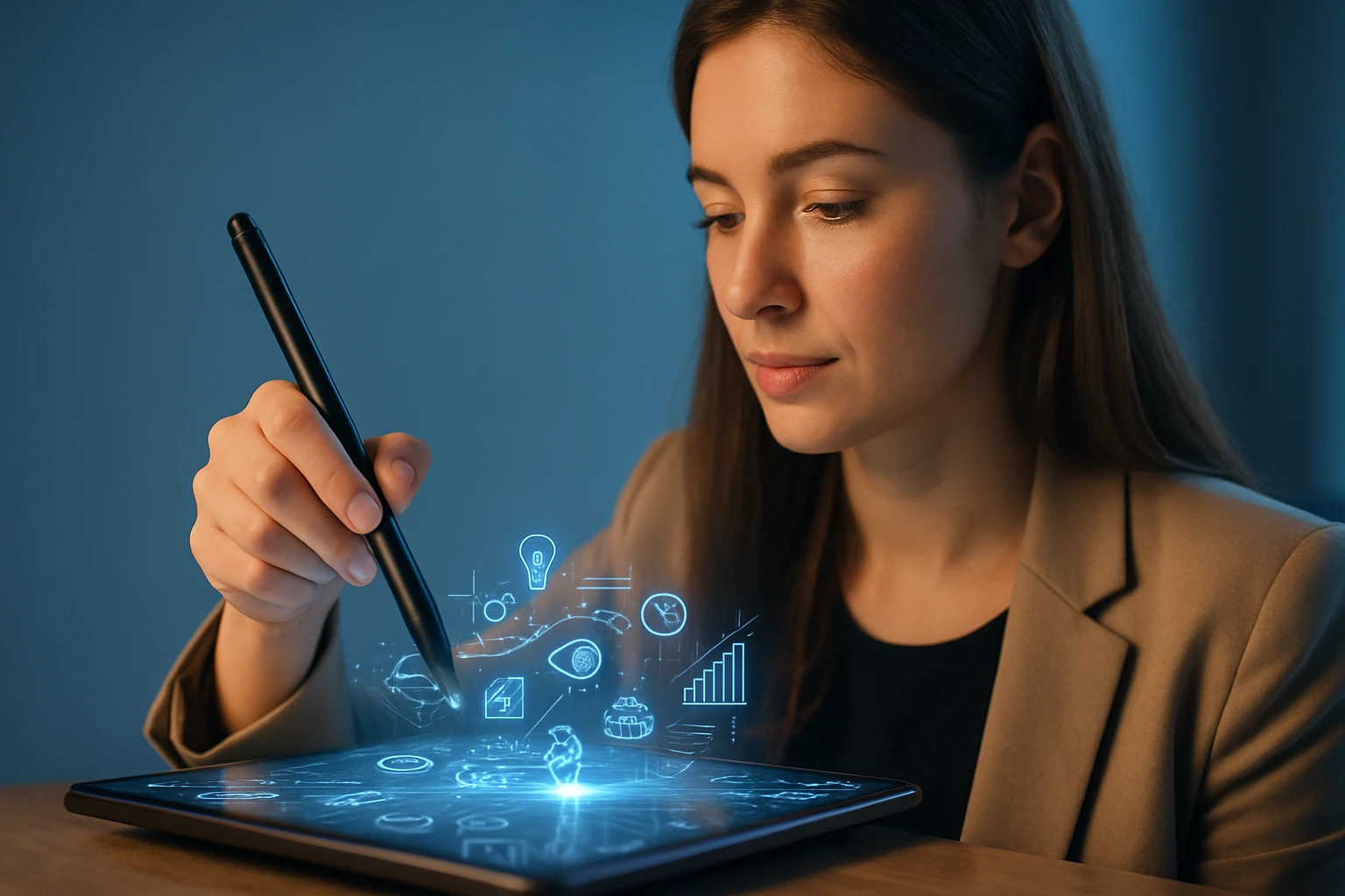 Egy nő digitális táblagépen dolgozik, holografikus ikonokkal a képernyőn.
