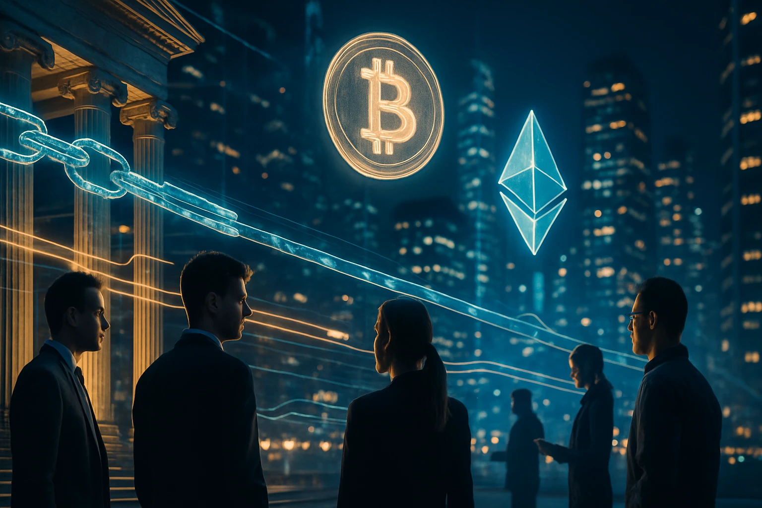 Két férfi és egy nő áll egy városi háttér előtt, digitális kriptovaluták lebegnek a fejük felett.