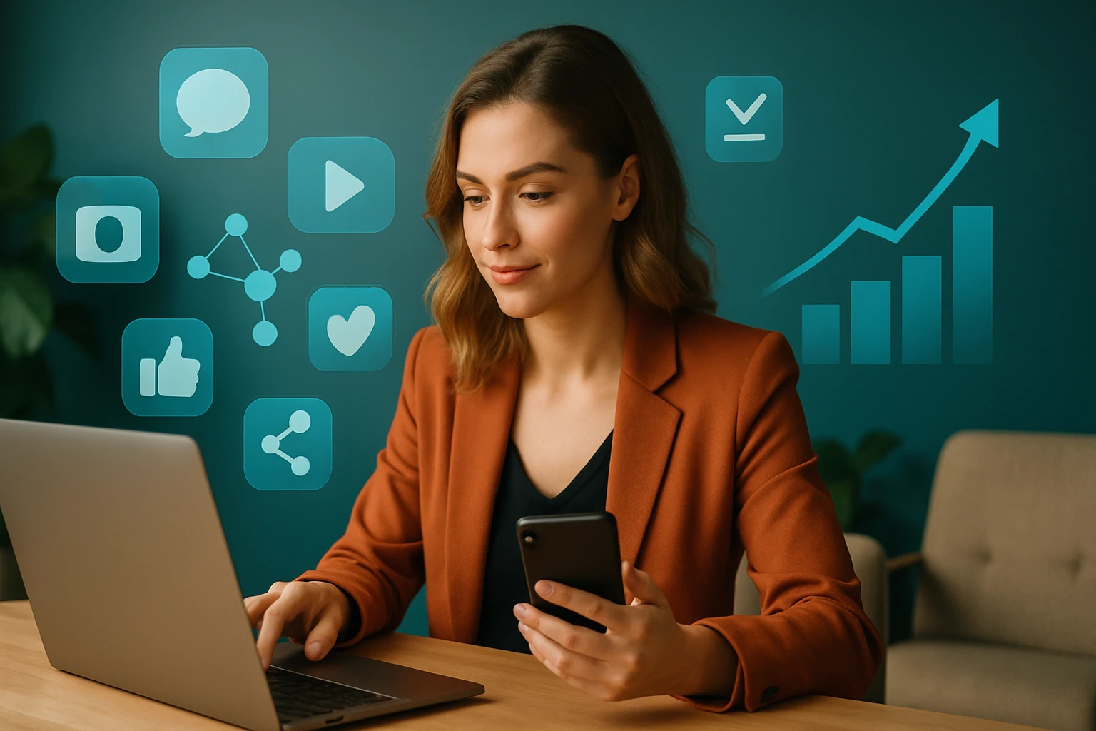 Egy fiatal nő ül egy asztalnál, laptopot használ, miközben telefonját tartja a kezében.