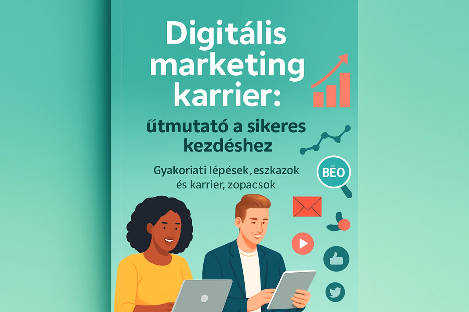 Két fiatal, digitális marketinggel foglalkozó szakember laptop előtt ül, a háttérben grafikai elemekkel.