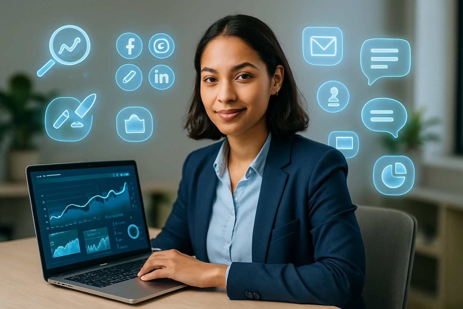 Egy fiatal nő ül egy asztalnál, laptop előtt, digitális grafikonokkal és szimbólumokkal körülvéve.