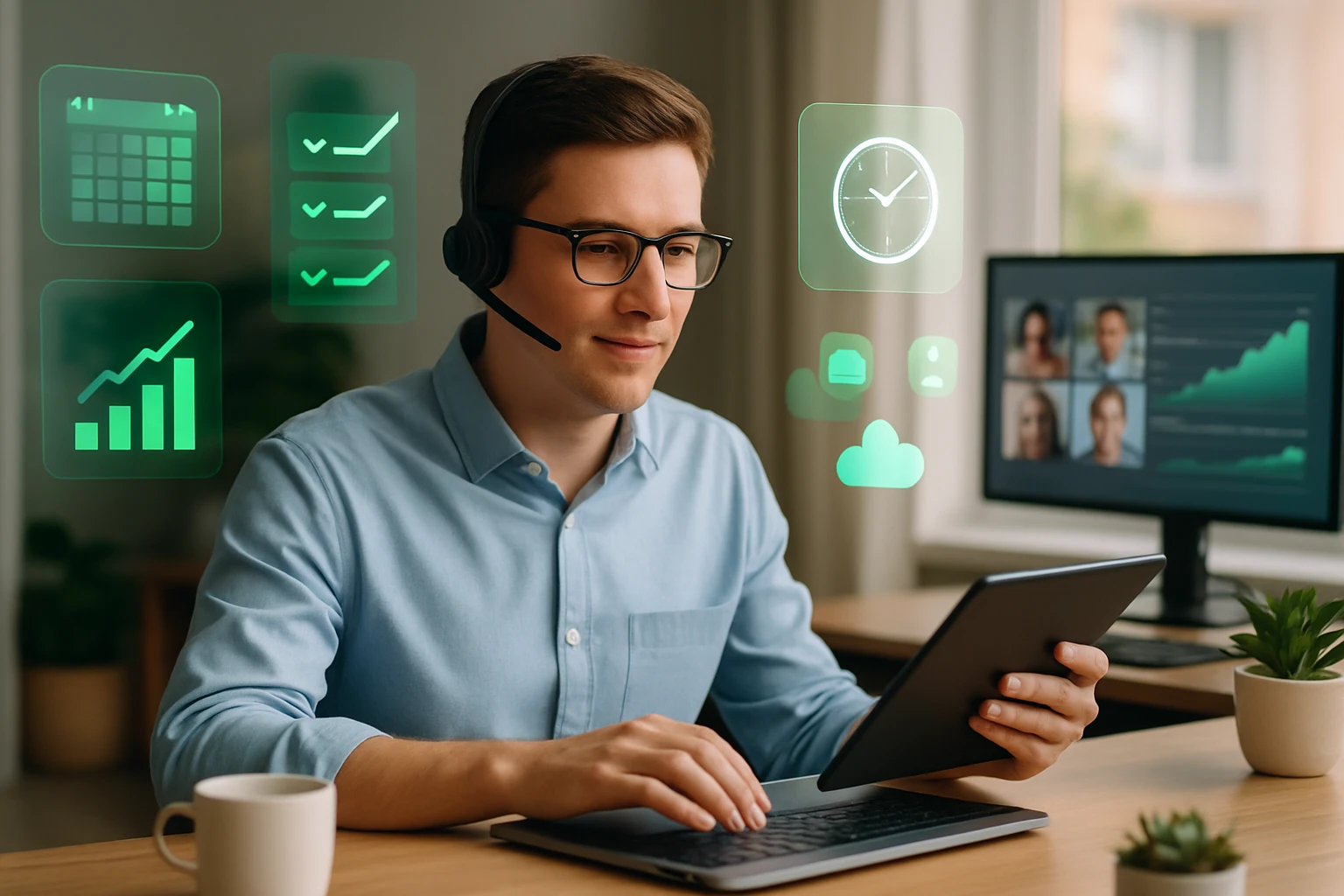 Egy fiatal férfi headsettel dolgozik egy táblagépen, zöld ikonokkal a háttérben.