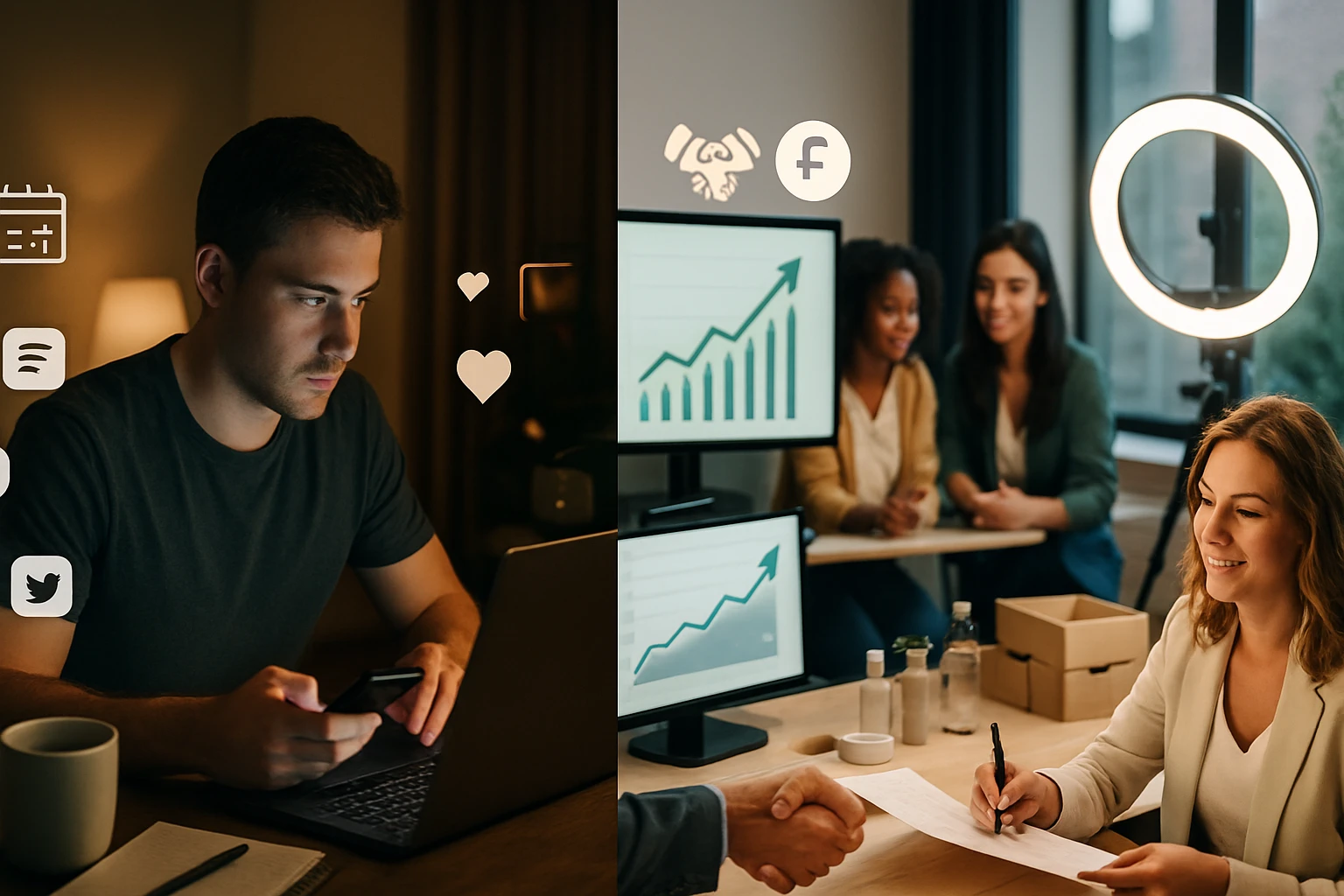 Egy fiatal férfi a laptopján dolgozik, miközben okostelefonját nézi, a háttérben közösségi média ikonok láthatók.