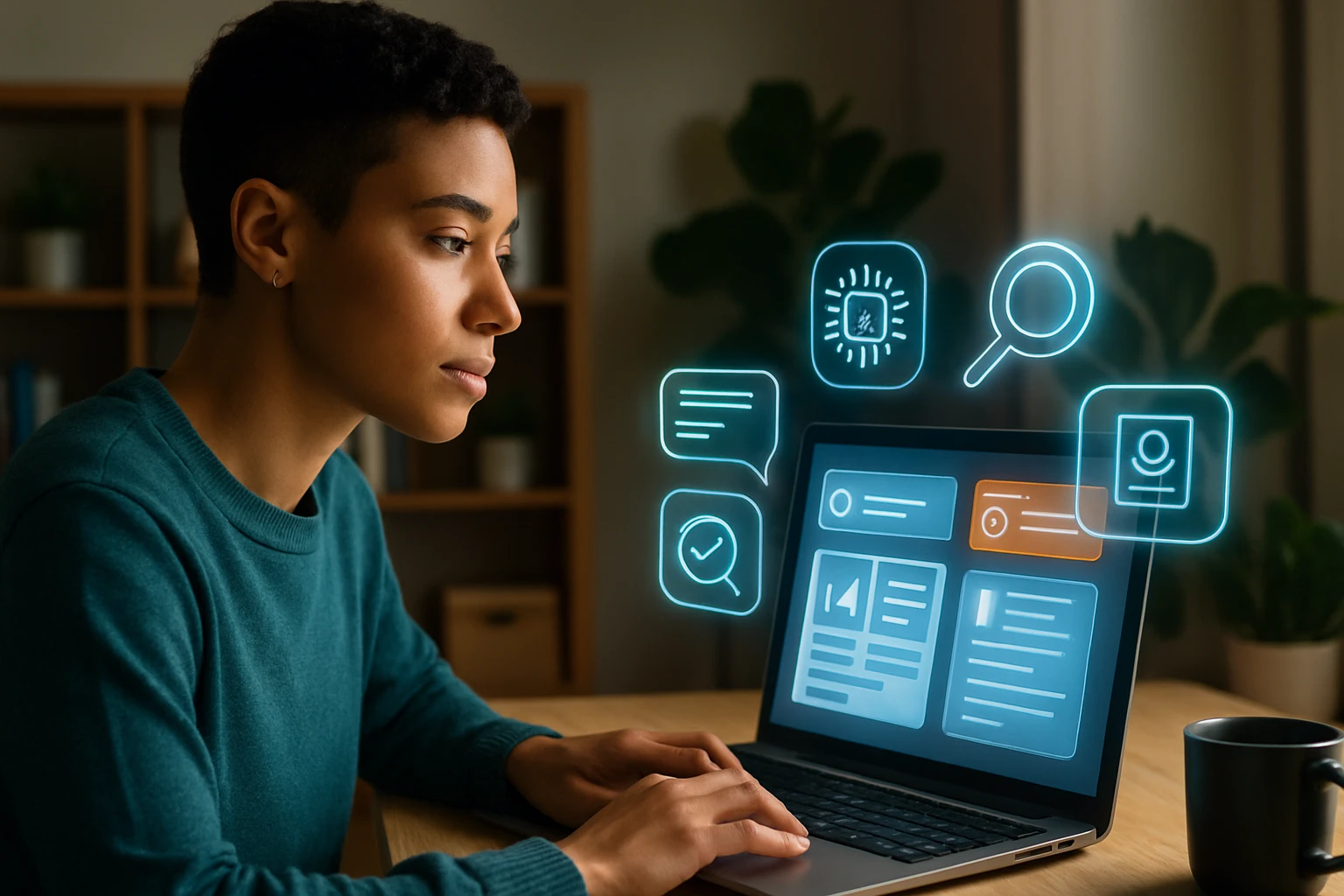 Egy fiatal nő figyelmesen dolgozik a laptopján, digitális ikonokkal körülvéve.