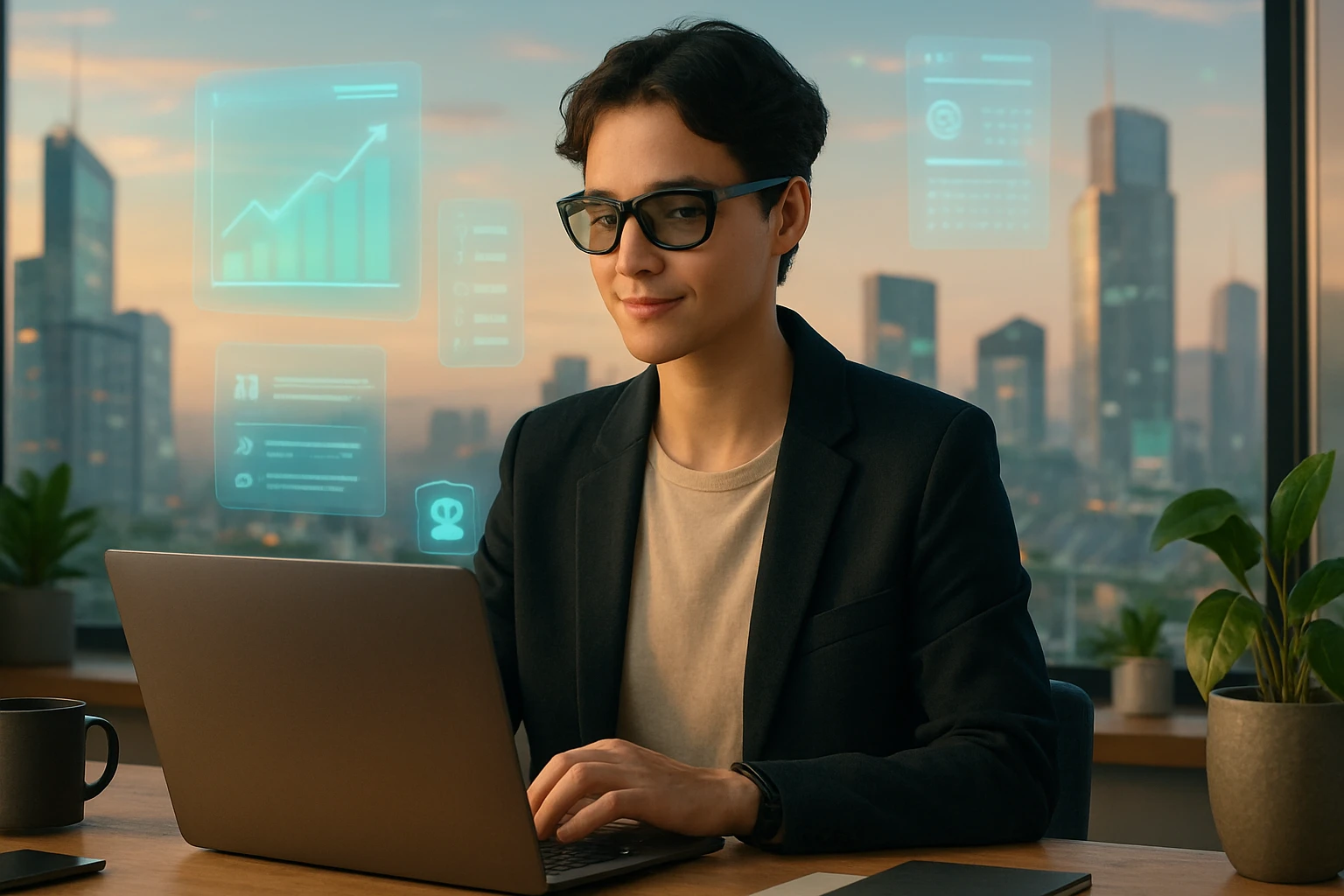 Egy fiatal férfi laptop előtt ül, üzleti öltözetben, háttérben városi tájjal és digitális grafikonokkal.