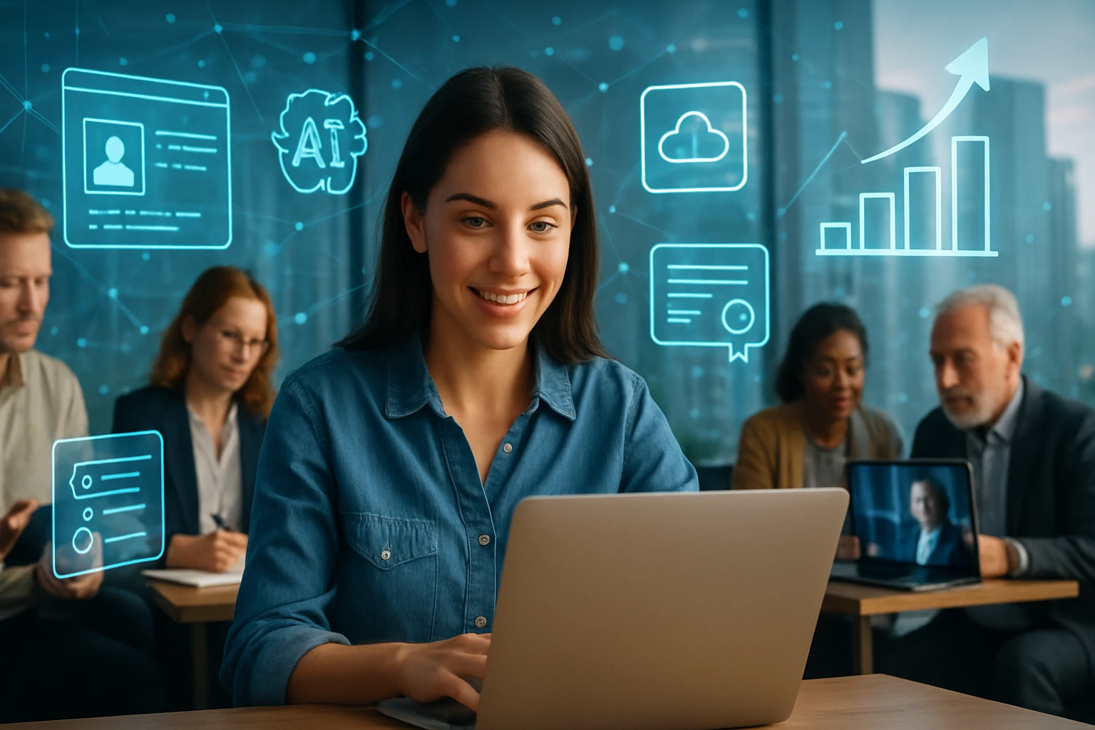 Egy fiatal nő mosolyogva dolgozik a laptopján, körülötte digitális ikonok láthatók, mint például AI, felhő és grafikon.