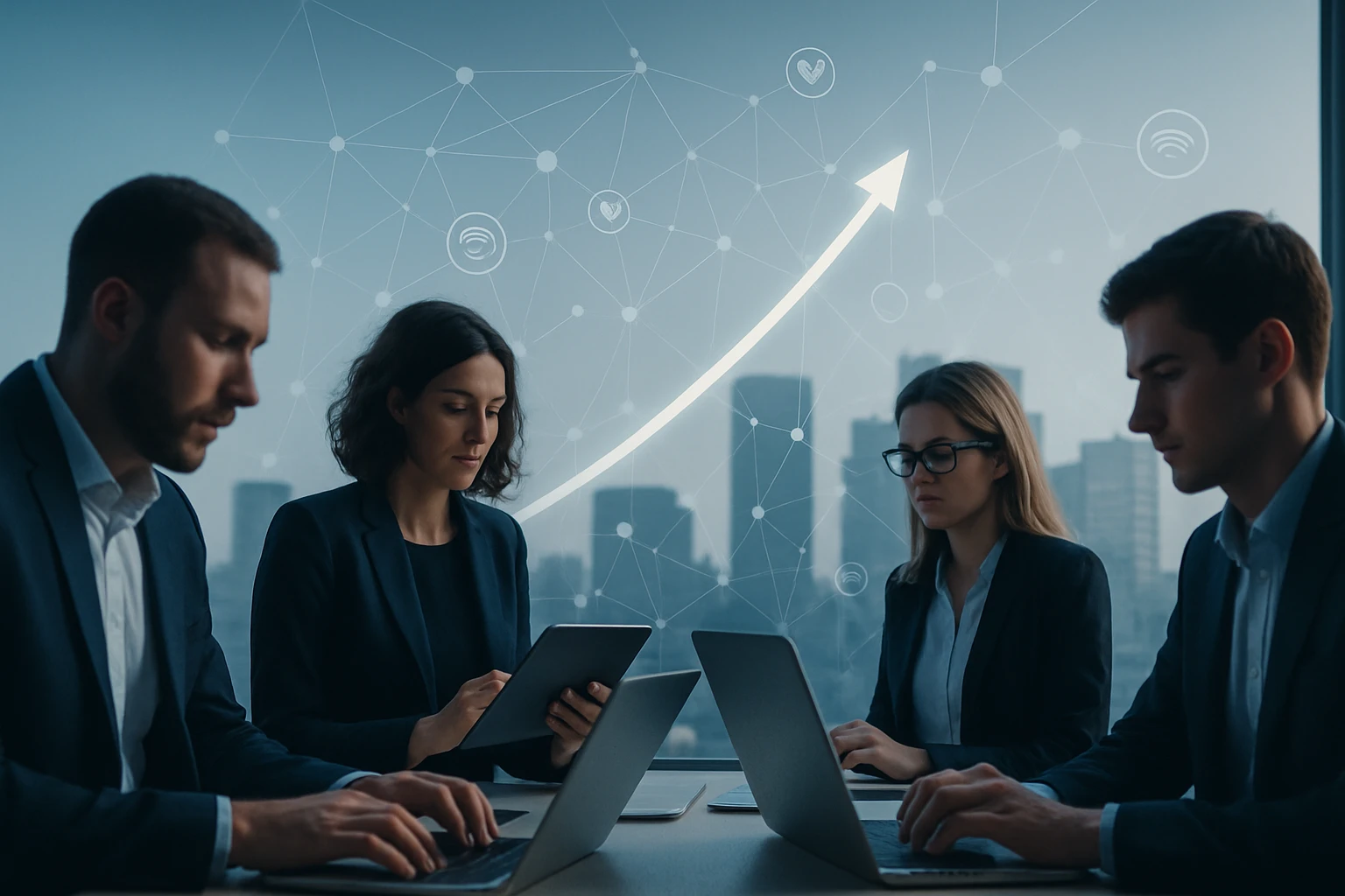 Négy üzletember dolgozik egy modern irodában, laptopokkal és táblagépekkel.