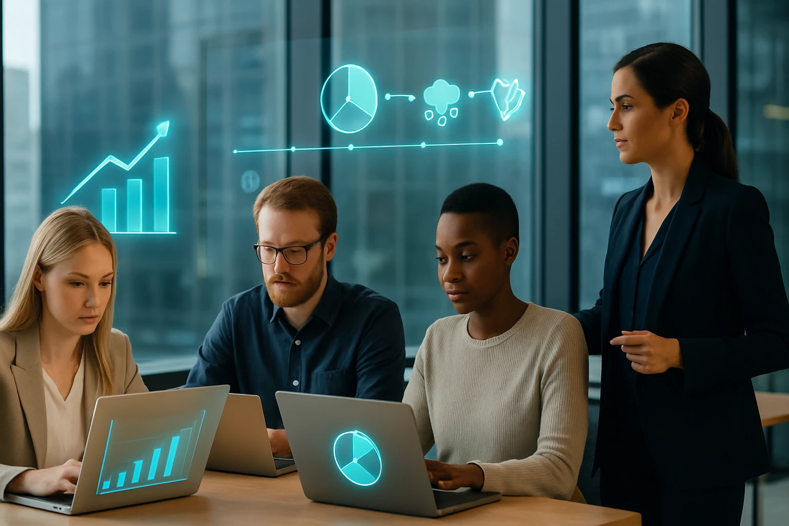 Négy felnőtt, akik laptopok előtt ülnek, digitális grafikonokkal a háttérben.