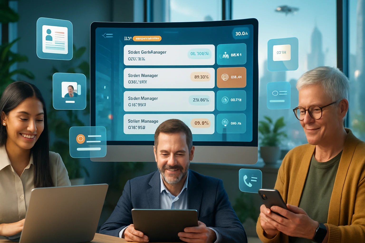 Három ember ül egy asztalnál, digitális eszközöket használnak, háttérben egy nagy képernyőn adatok láthatók.