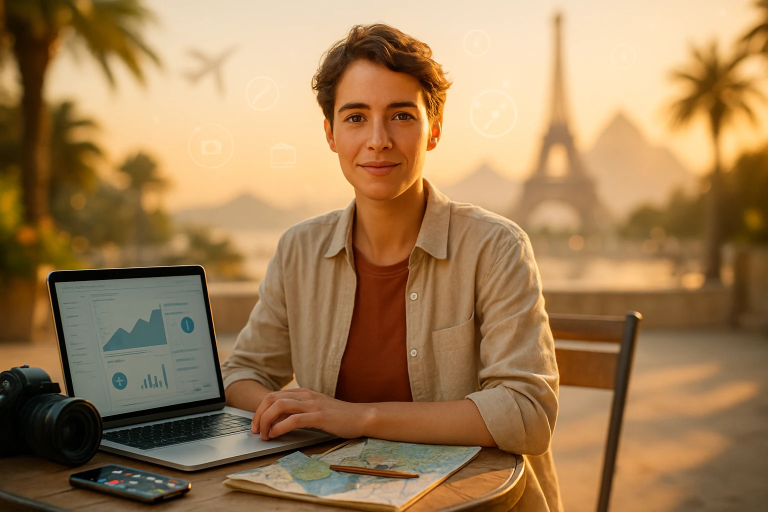 Egy fiatal nő ül egy asztalnál, laptop előtt, háttérben az Eiffel-torony és pálmafák.