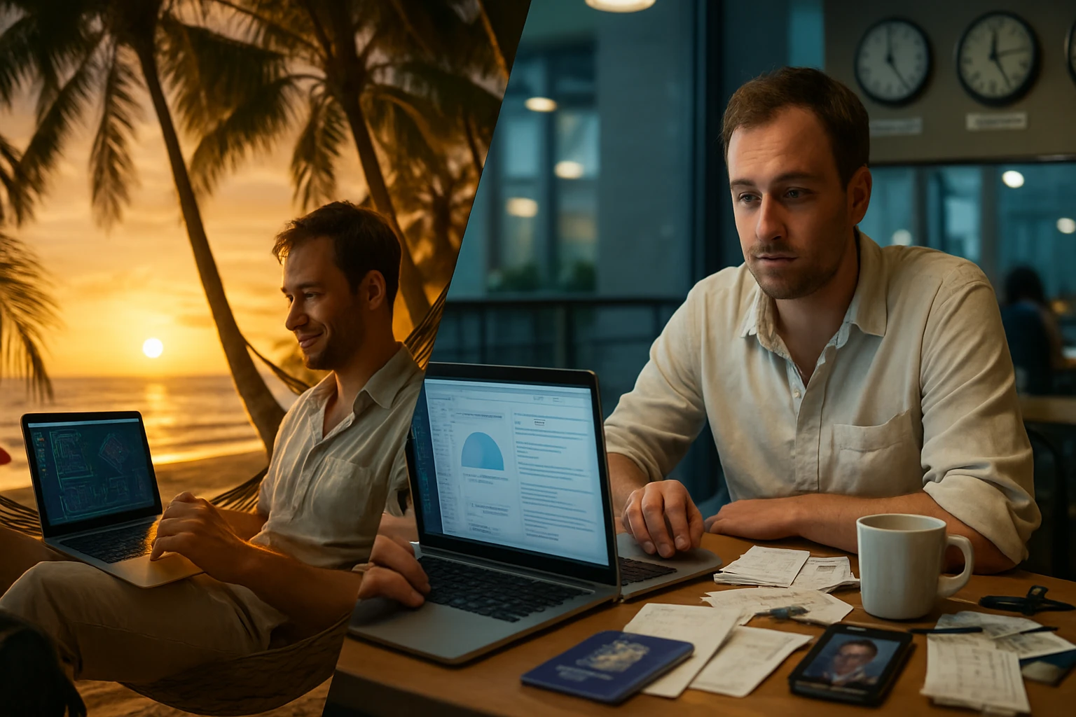 Egy férfi laptopon dolgozik, miközben naplementét néz a tengerparton, majd egy másik képen irodai környezetben ül.