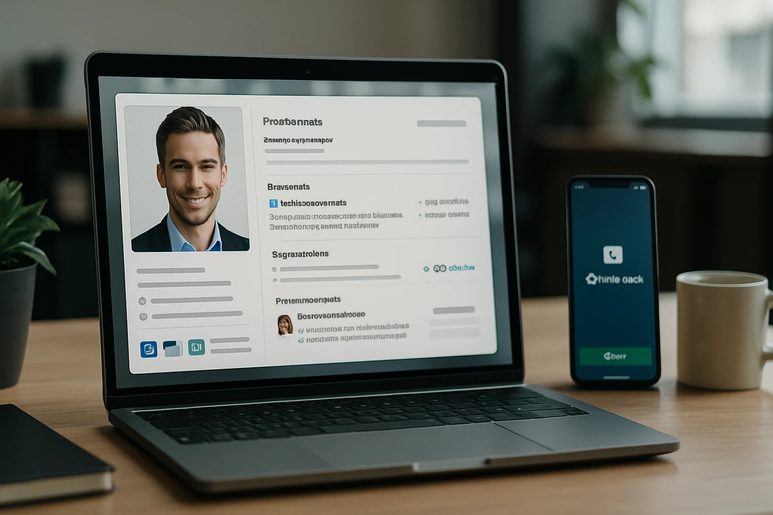 Egy laptop képernyőjén egy férfi profilja látható, mellette egy telefon és egy bögre.