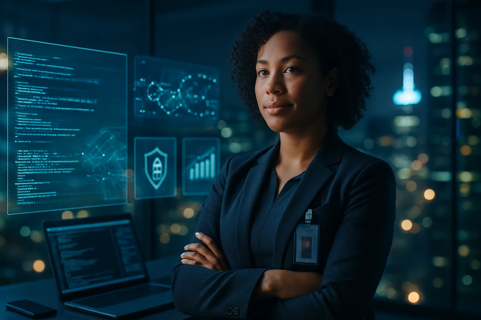 Egy női szakember áll a számítógép előtt, háttérben digitális grafikonokkal és kódokkal.