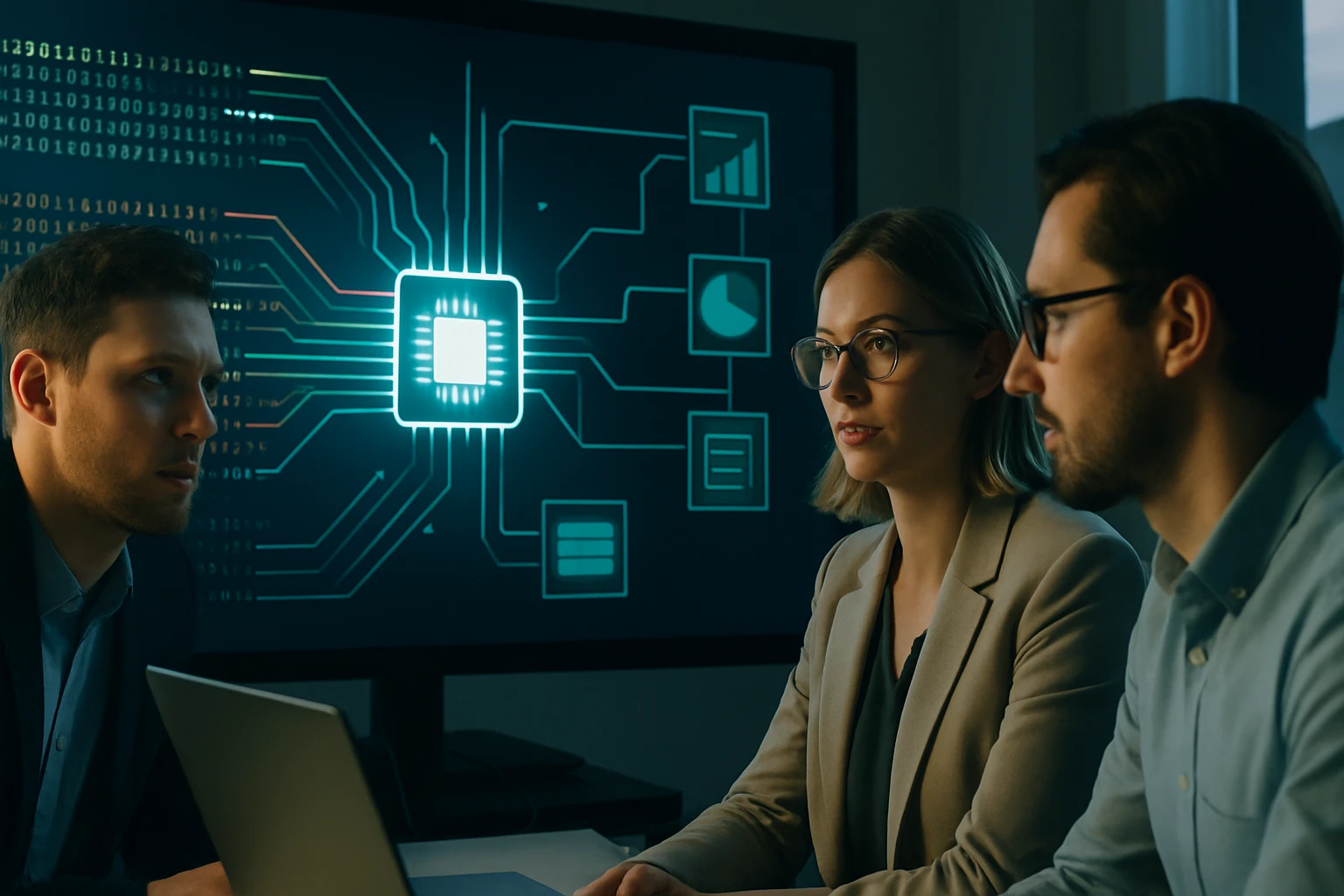 Három ember ül egy asztalnál, miközben egy digitális chip és grafikonok láthatók a háttérben.