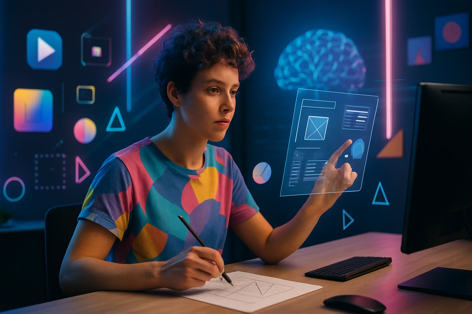 Egy fiatal tervező digitális felületen dolgozik, színes pólóban, holografikus elemeket használva.