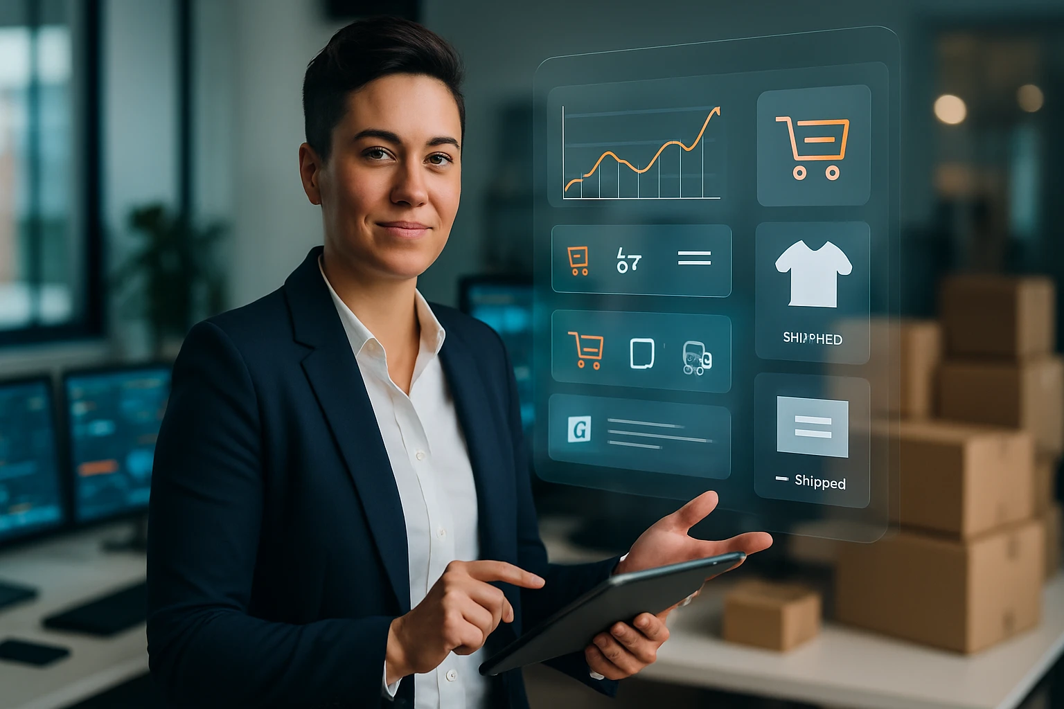 Egy üzleti nő tabletet tart a kezében, digitális grafikonok és ikonok láthatók a háttérben.