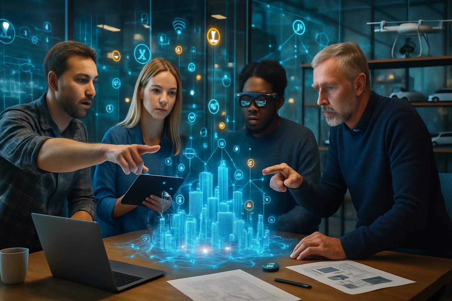 Négy ember egy modern irodában, digitális városmodellt elemznek, holografikus adatokkal.