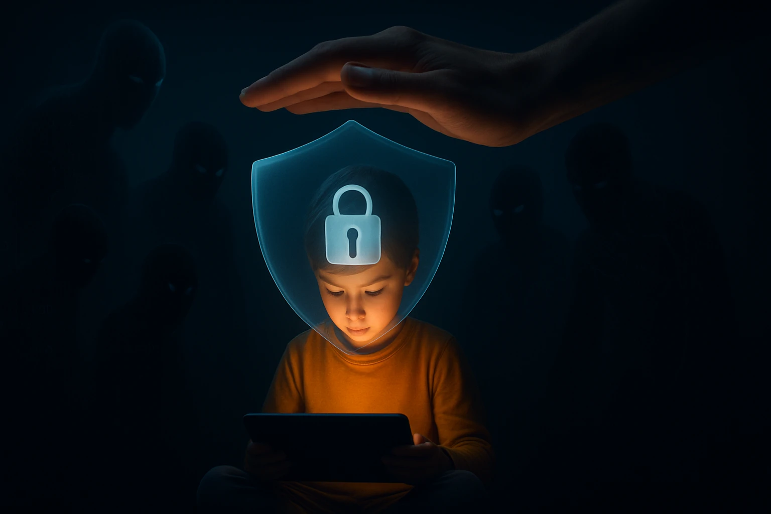 Egy gyerek ül egy tablet előtt, feje fölött védelmet jelképező pajzs látható, sötét háttérben.