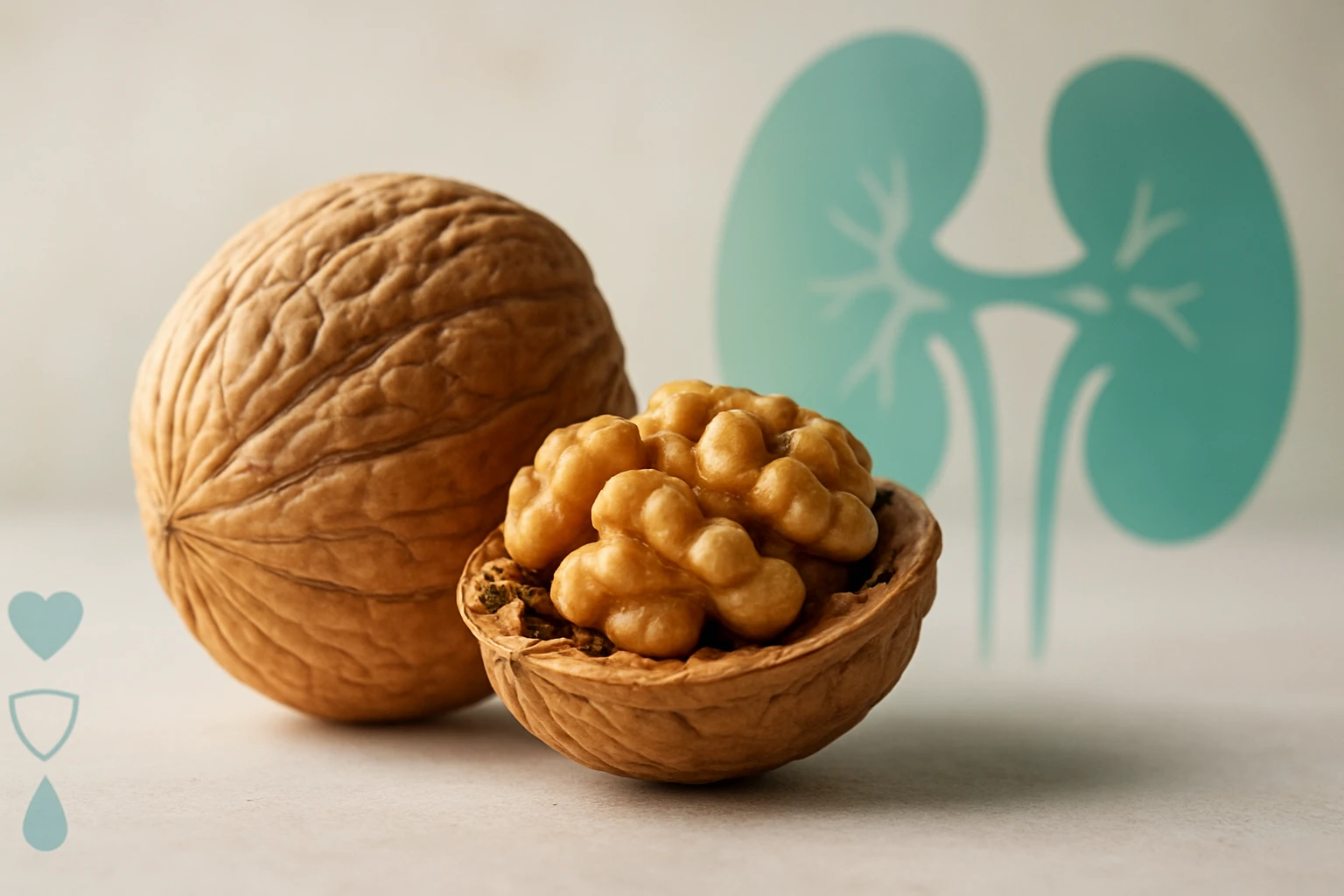 Két dió, az egyik héjában, a másik félbevágva, háttérben vesék sziluettje.