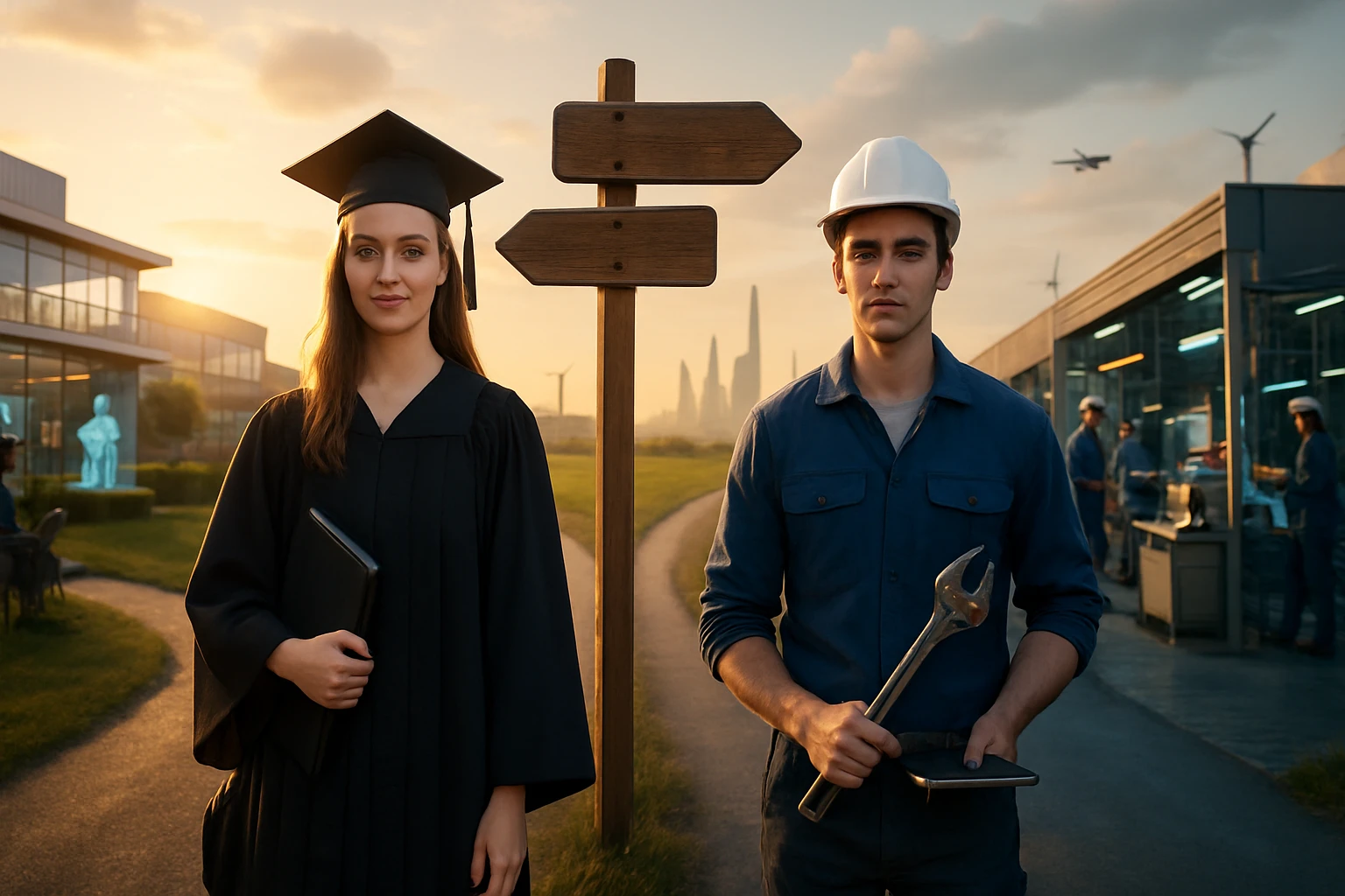 Egy fiatal nő diplomával és egy férfi szerszámmal áll egy útkereszteződésnél, háttérben modern épületek.