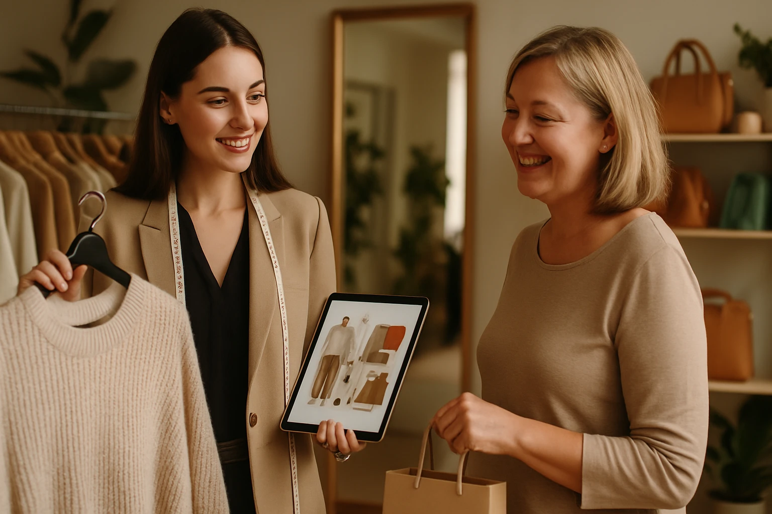 Egy fiatal nő bemutat egy pulóvert és egy táblagépen divatmintákat a vásárlónak.