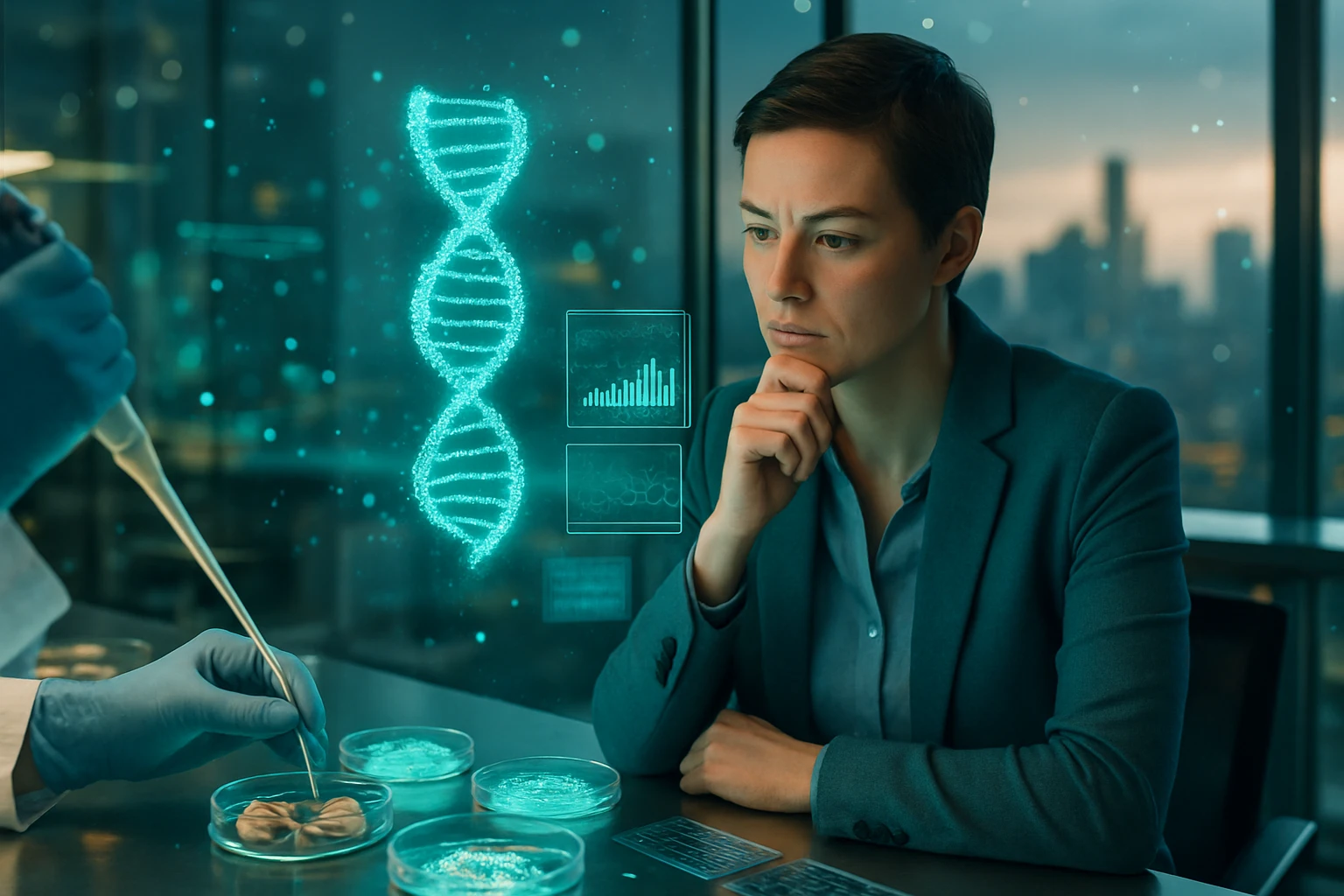 Egy laboratóriumban dolgozó nő figyelmesen nézi a DNS-elemzést, miközben pipettával dolgoznak.