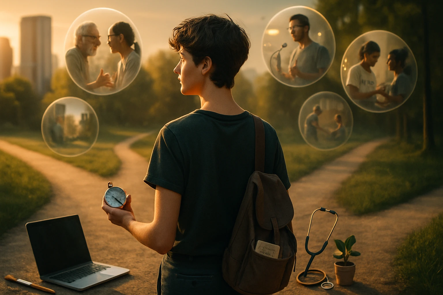 Egy fiatal személy áll egy kereszteződésnél, órát tart a kezében, mögötte különböző interakciókat ábrázoló buborékok láthatók.