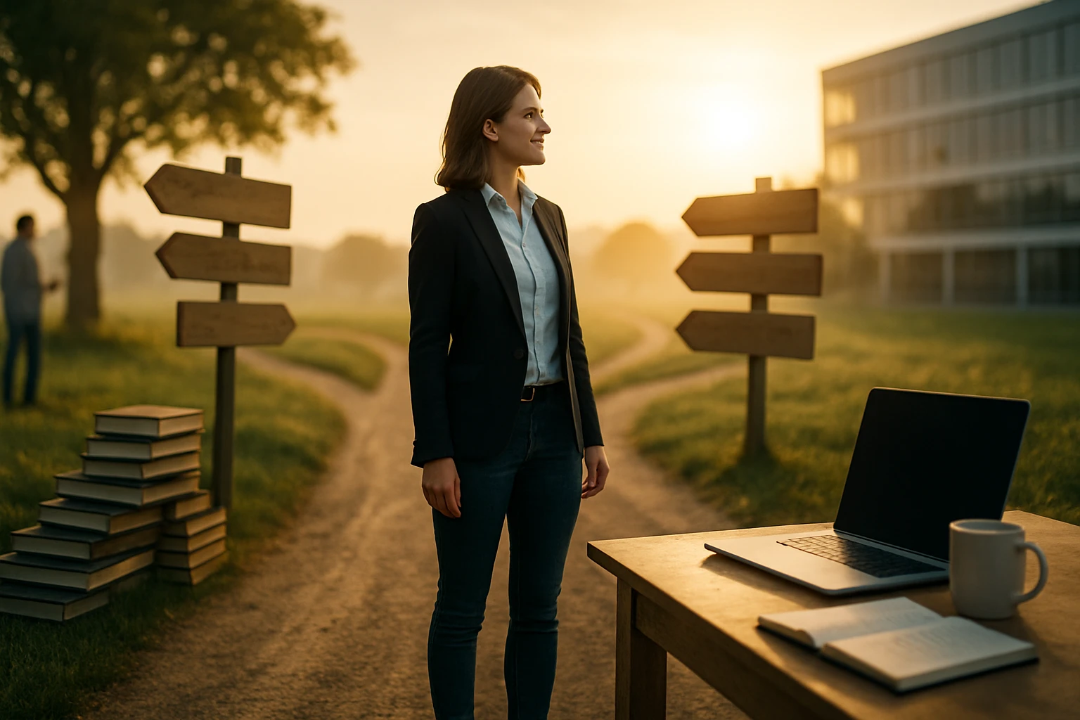 Egy fiatal nő áll egy kereszteződésnél, háttérben könyvek és laptop.
