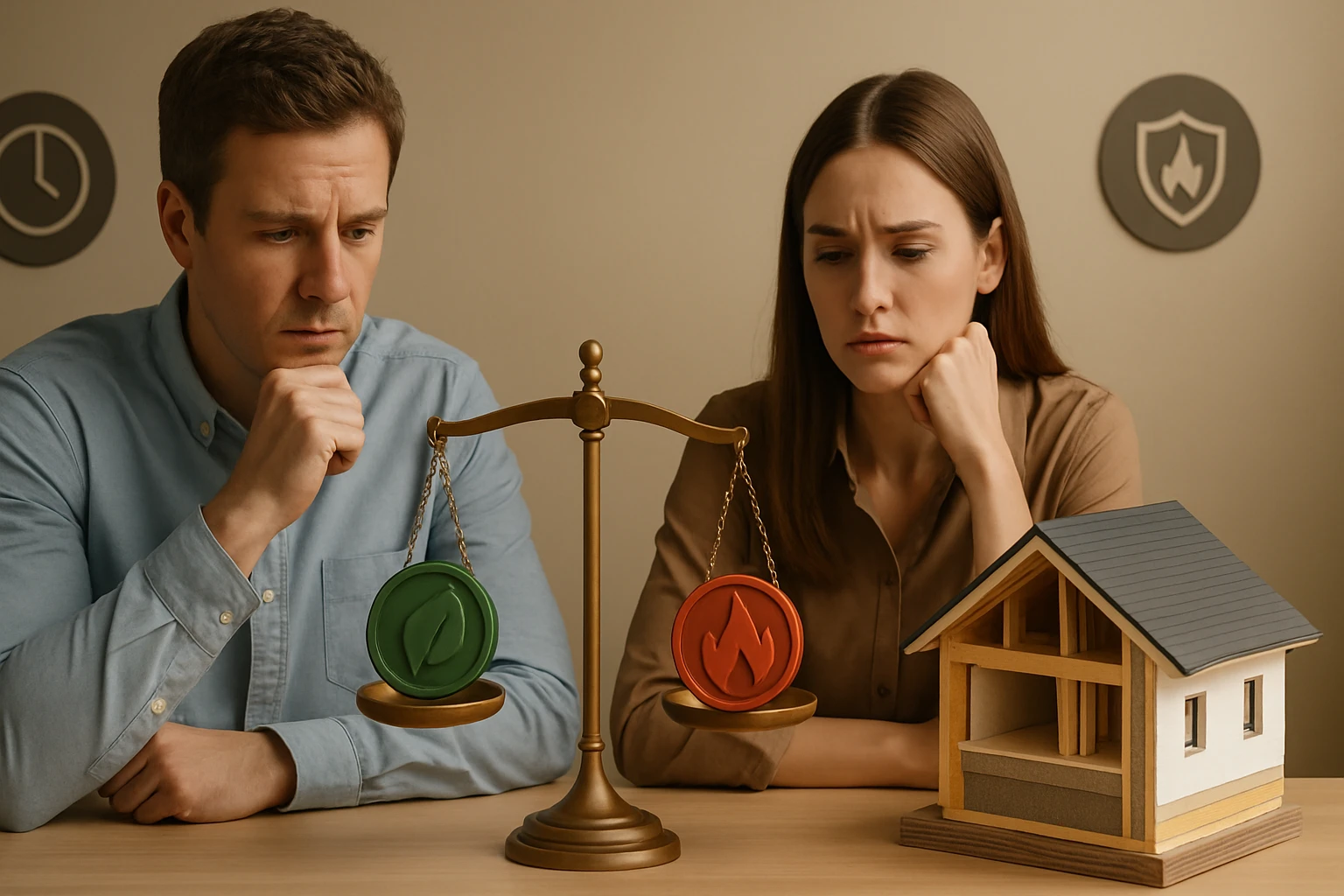 Egy férfi és egy nő gondolkodik, miközben egy mérleggel mérlegelik a zöld és piros szimbólumokat.