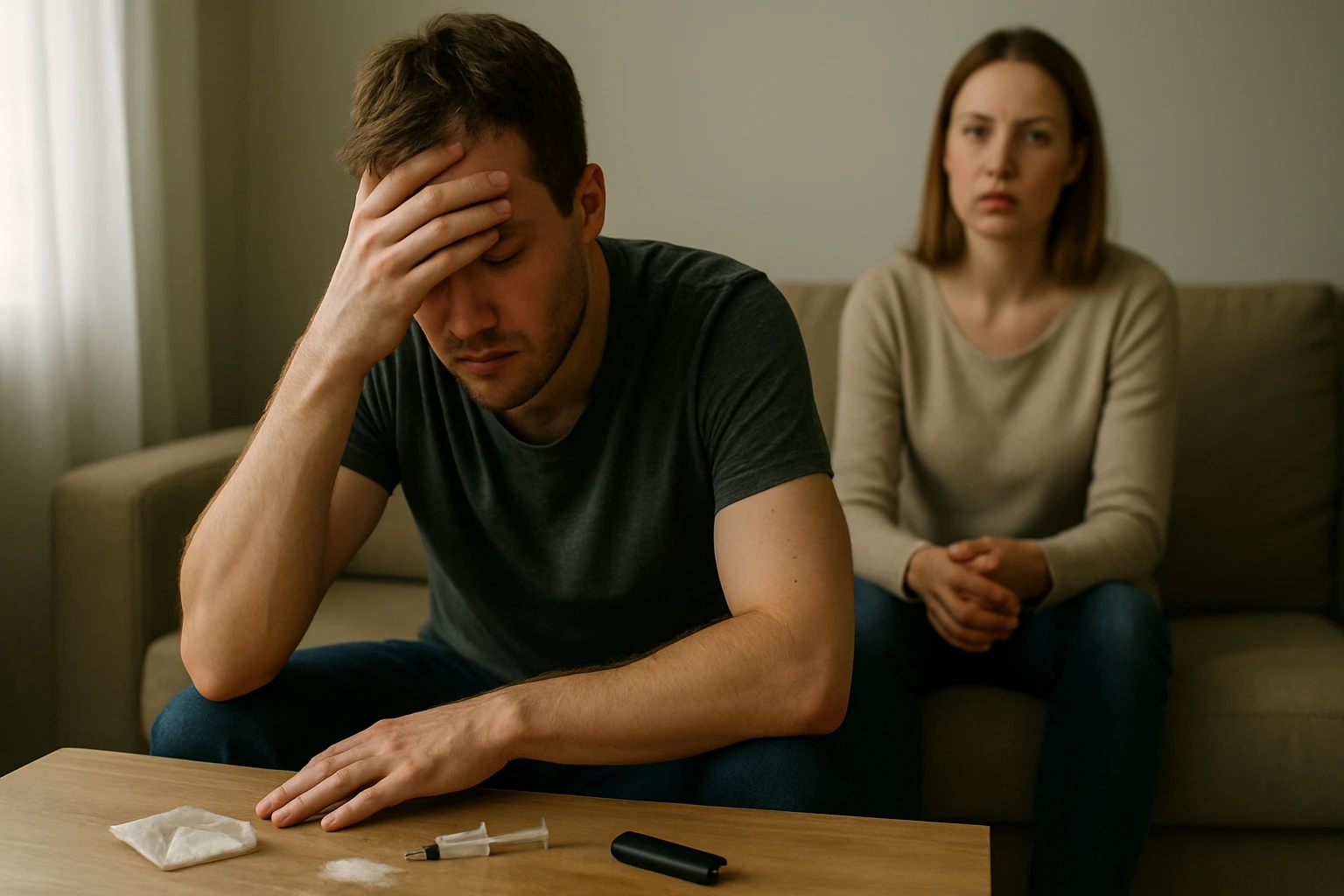 Egy férfi kétségbeesetten ül egy asztal mellett, mellette drogfogyasztás nyomai láthatók.