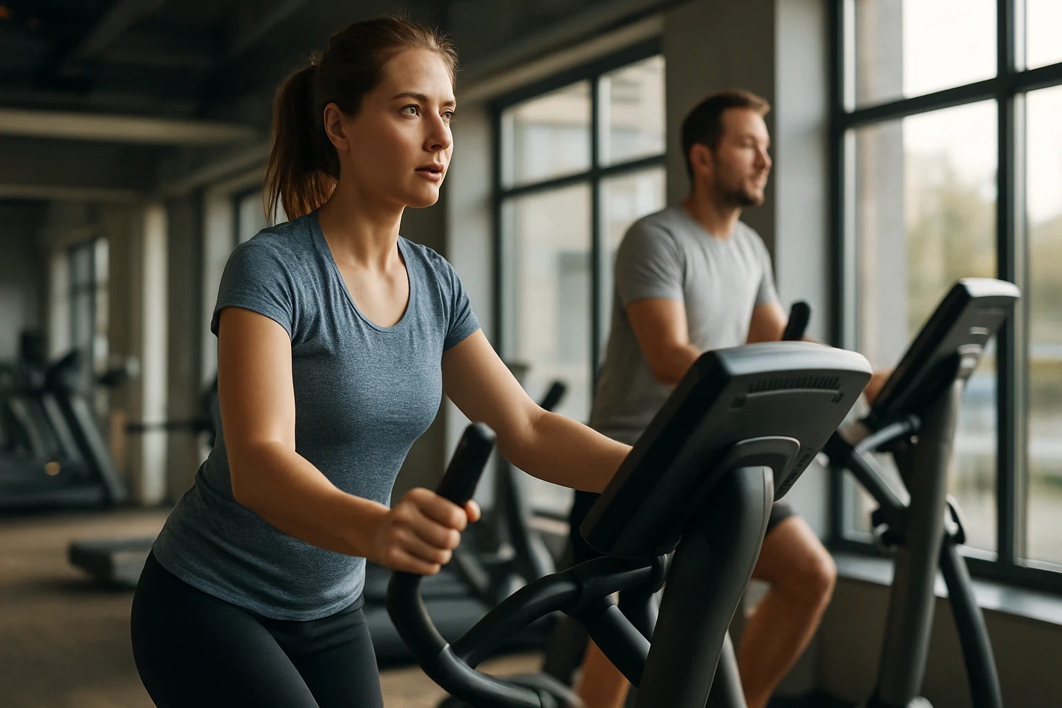 Két ember edz egy modern fitneszteremben, elliptikus gépeken.