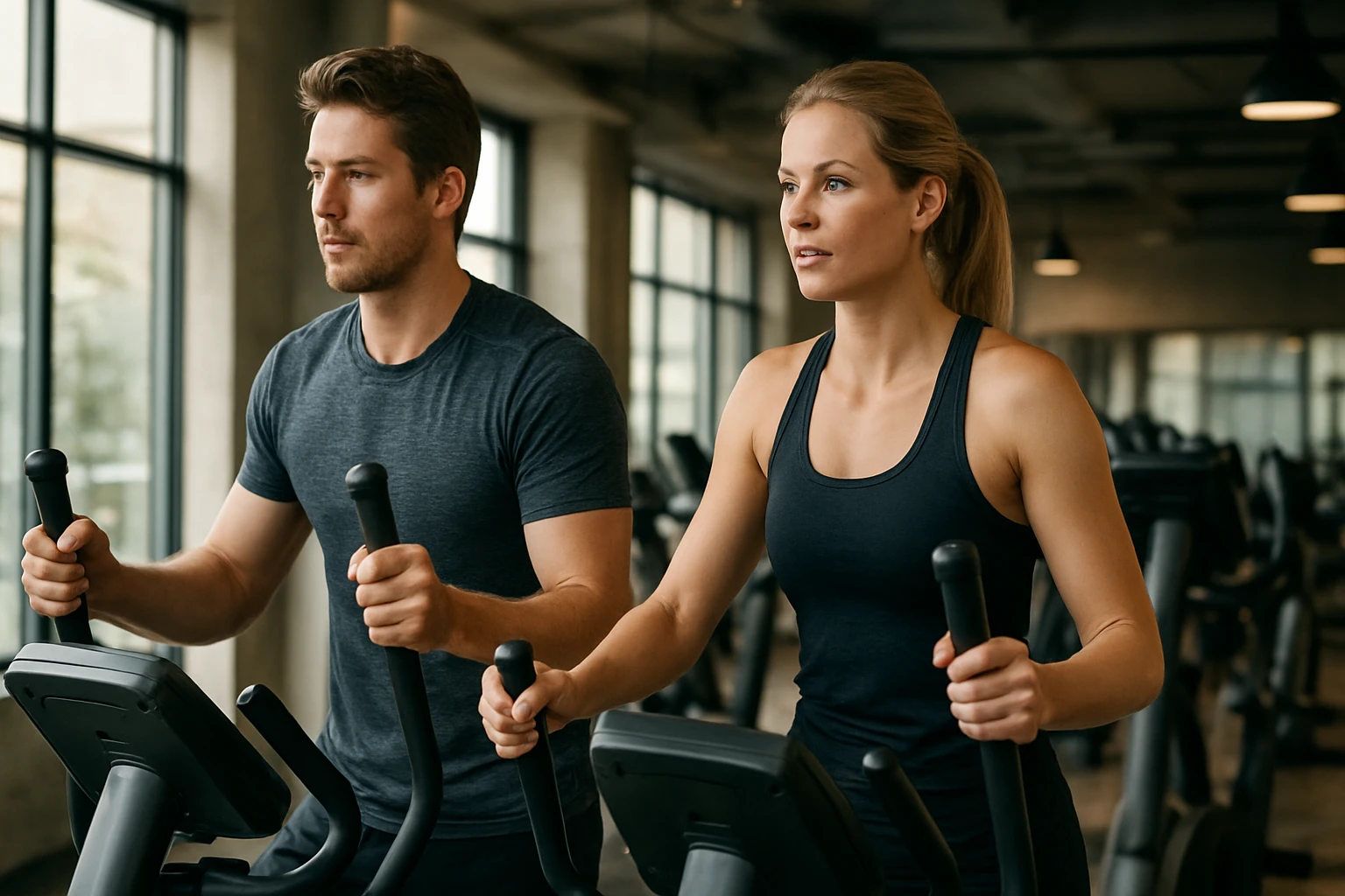 Két fiatal felnőtt edz egy modern fitneszteremben, elliptikus gépeken.