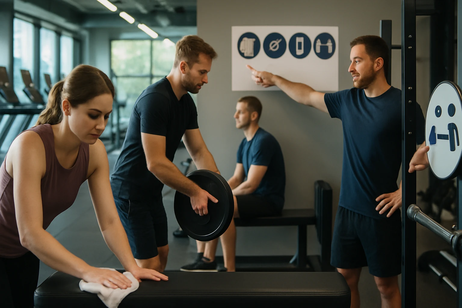 Két férfi edz az edzőteremben, míg egy nő törölgeti a padot.