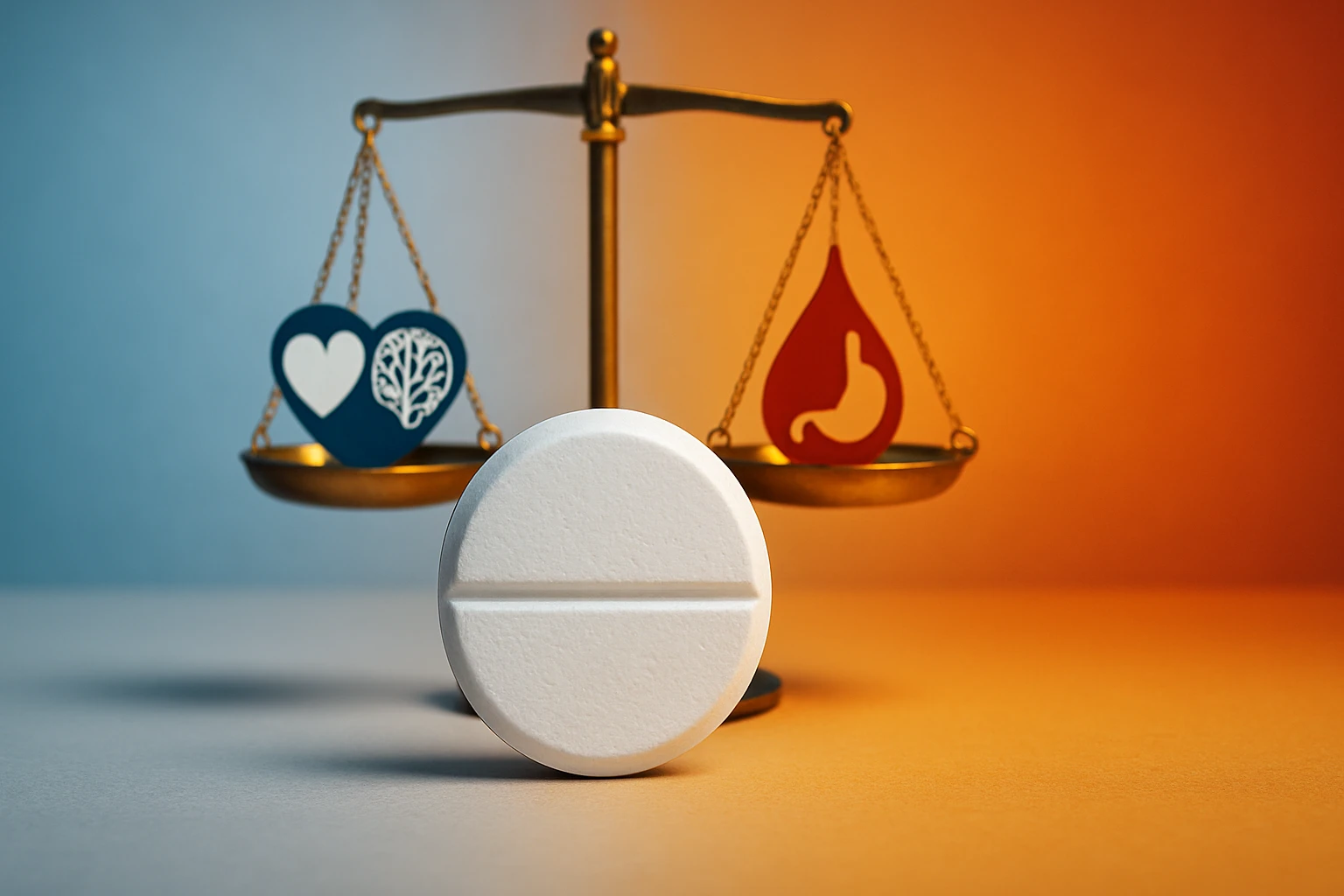 Egy fehér gyógyszer tabletta látható, amely mellett egy mérleg áll, szív és agy szimbólumokkal.