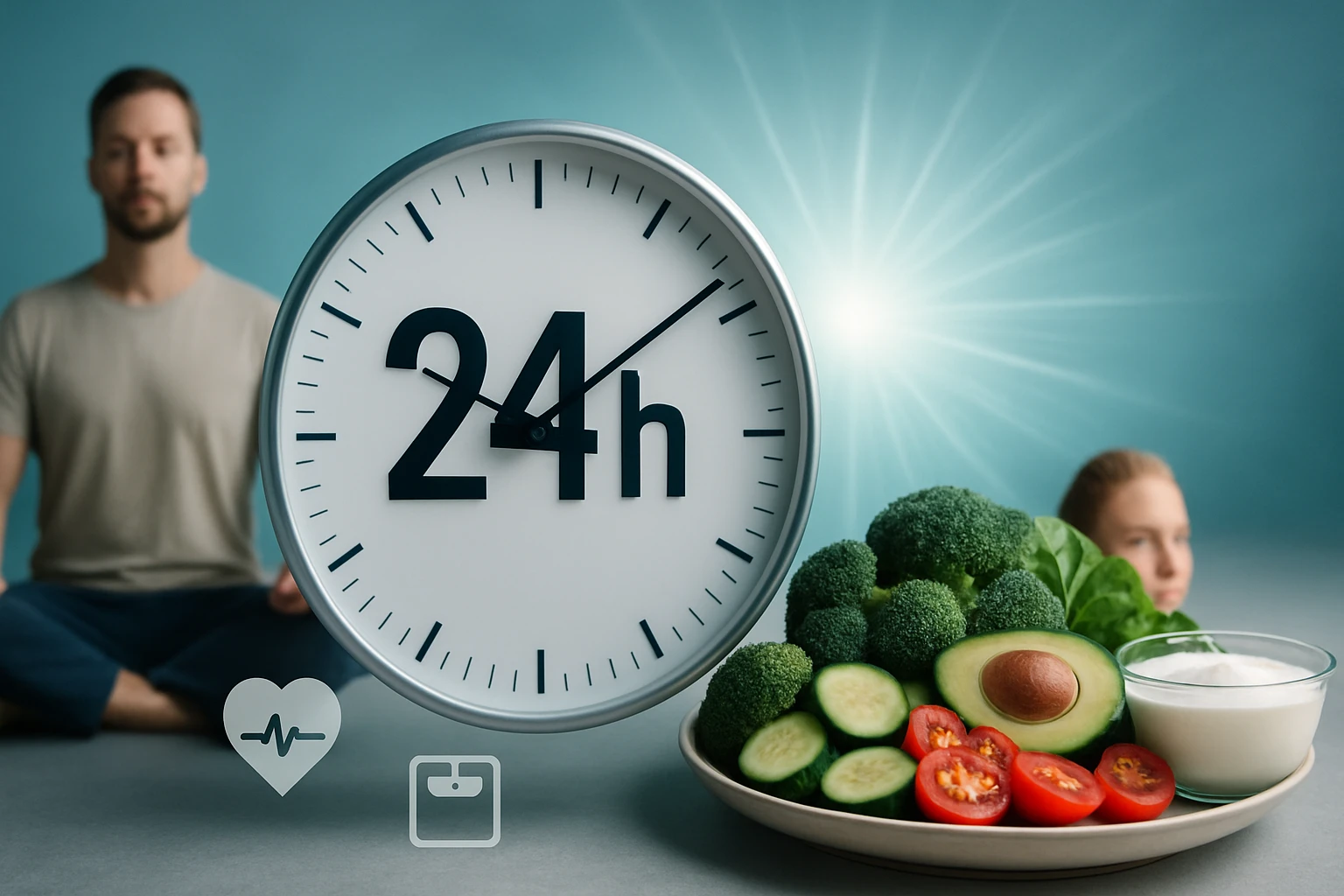 Egy óra 24 órás felosztással, friss zöldségekkel és joghurttal, meditáló emberekkel a háttérben.