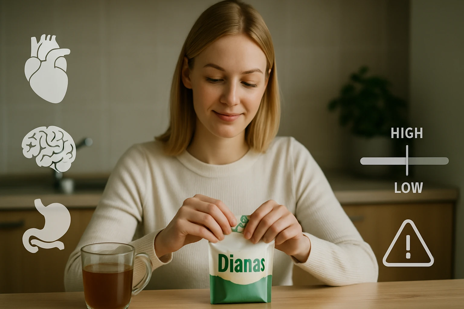 Egy fiatal nő egy zöld csomagolású terméket bontogat, mellette egy pohár tea.