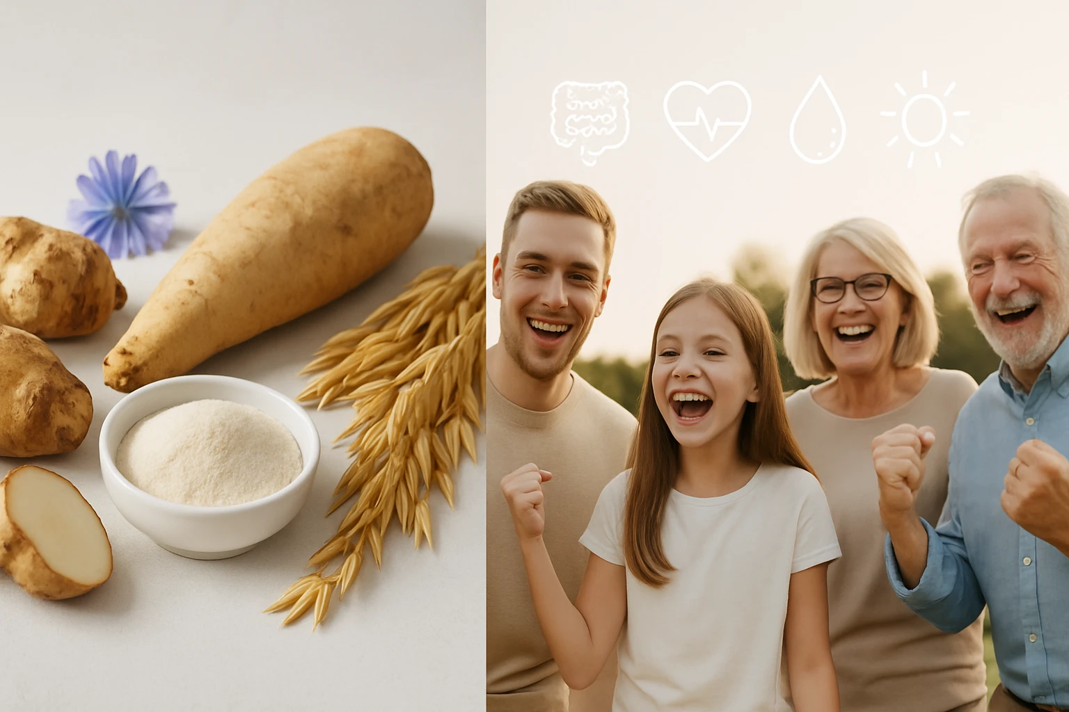 Friss zöldségek és gabonafélék, valamint boldog családtagok mosolyognak a kamerába.