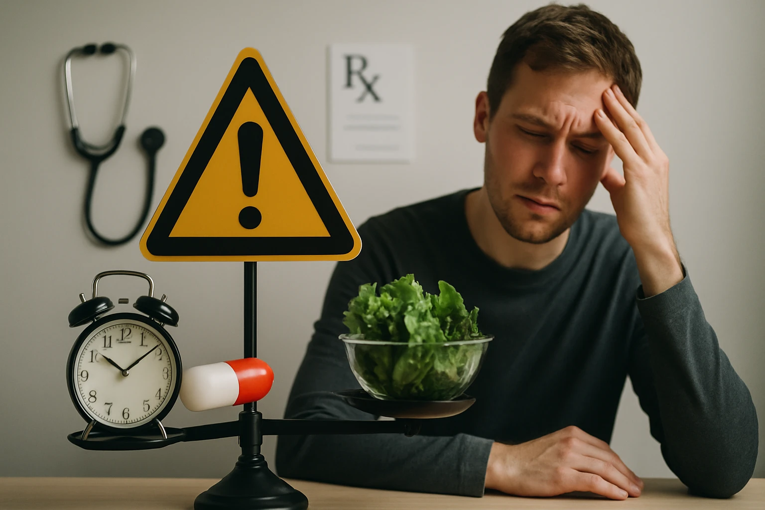 Egy férfi stresszesen nézi a mérleg egyik oldalán a salátát, a másikon gyógyszert és egy ébresztőórát.