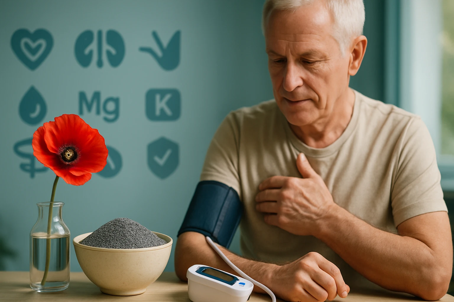 Idős férfi vérnyomásmérőt használ, mellette virág és ásványi anyagok.