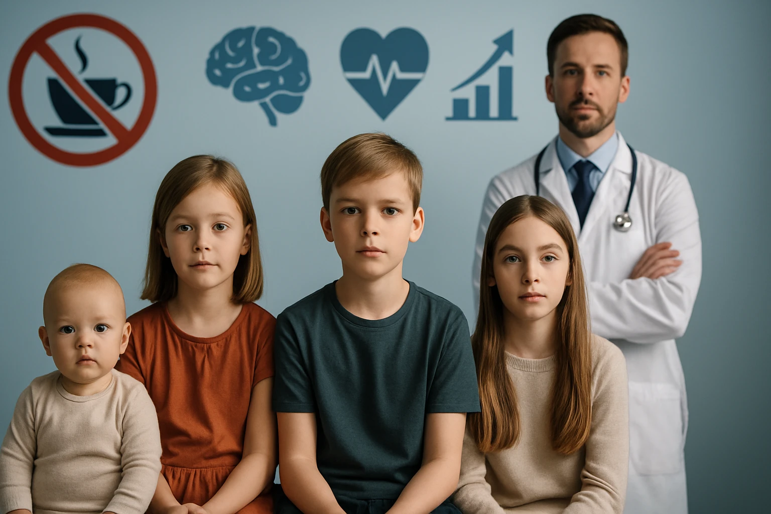 Négy gyermek ül egy orvos mögött, különböző egészséges életmódról szóló ikonokkal a falon.
