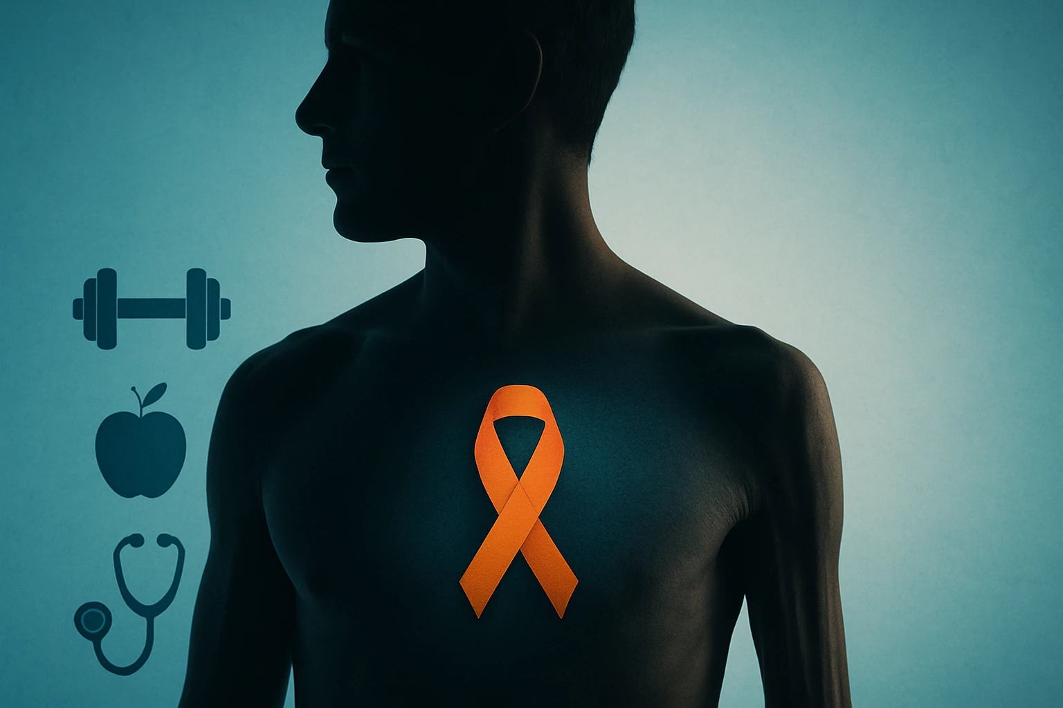 Egy férfi profilja látható, a mellkasán narancssárga szalaggal, mellette egészséges életmódot szimbolizáló ikonok.