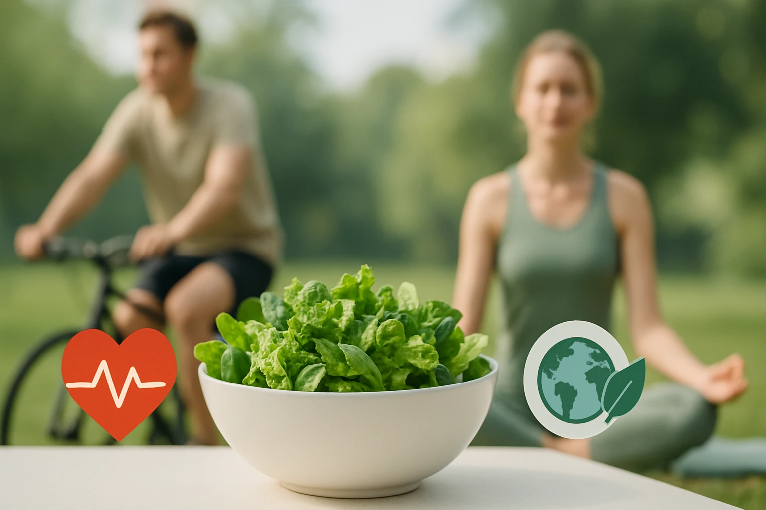 Friss saláta egy tálban, háttérben egy kerékpározó férfi és egy meditáló nő.