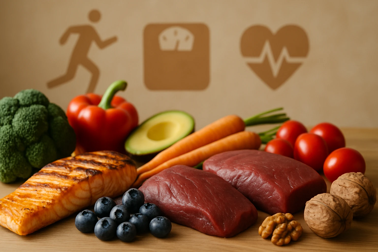 Friss zöldségek és húsok, mint brokkoli, paprika, lazac és marhahús, egészséges táplálkozás érdekében.