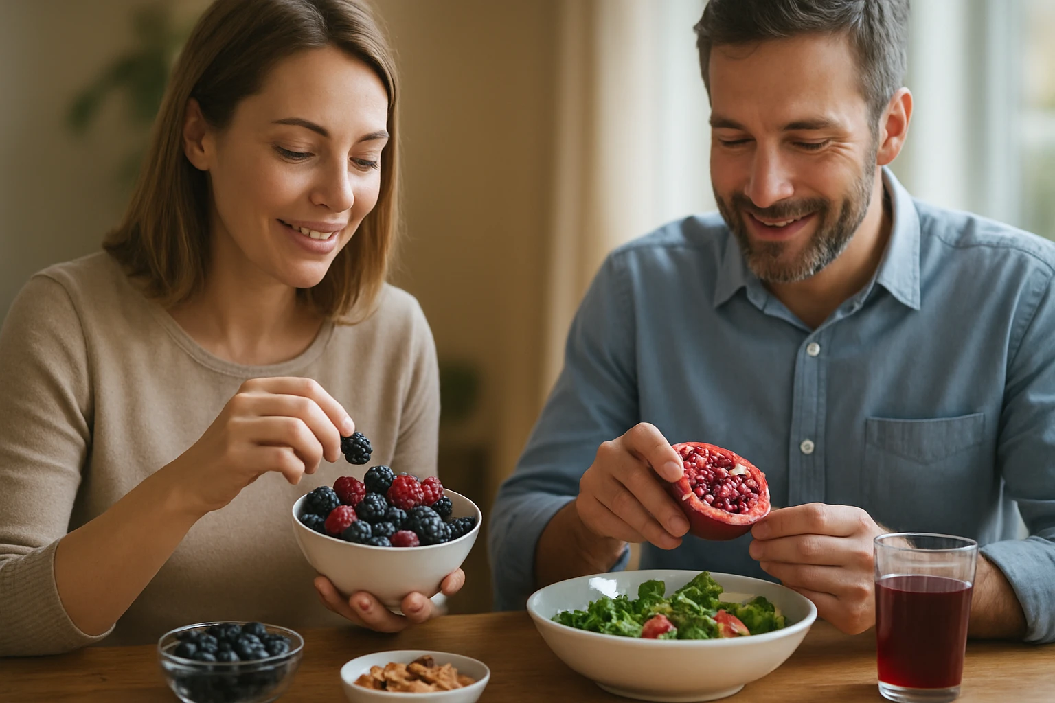 Egy nő és egy férfi egészséges ételeket fogyasztanak, bogyós gyümölcsöket és salátát.